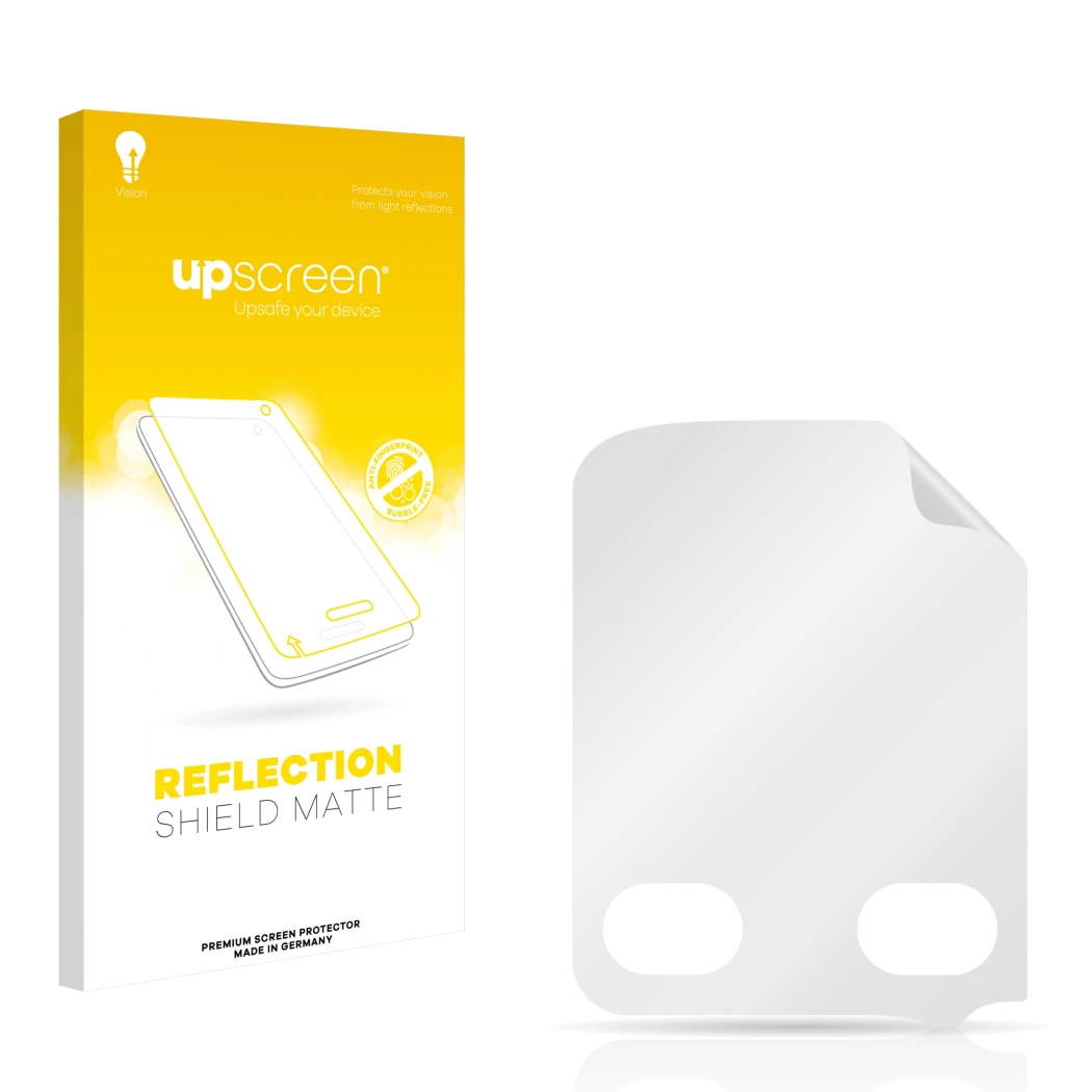 Vorderseite einer Produktverpackung mit dem Markenlogo upscreen. Daneben ist der zugehörige Displayschutz.