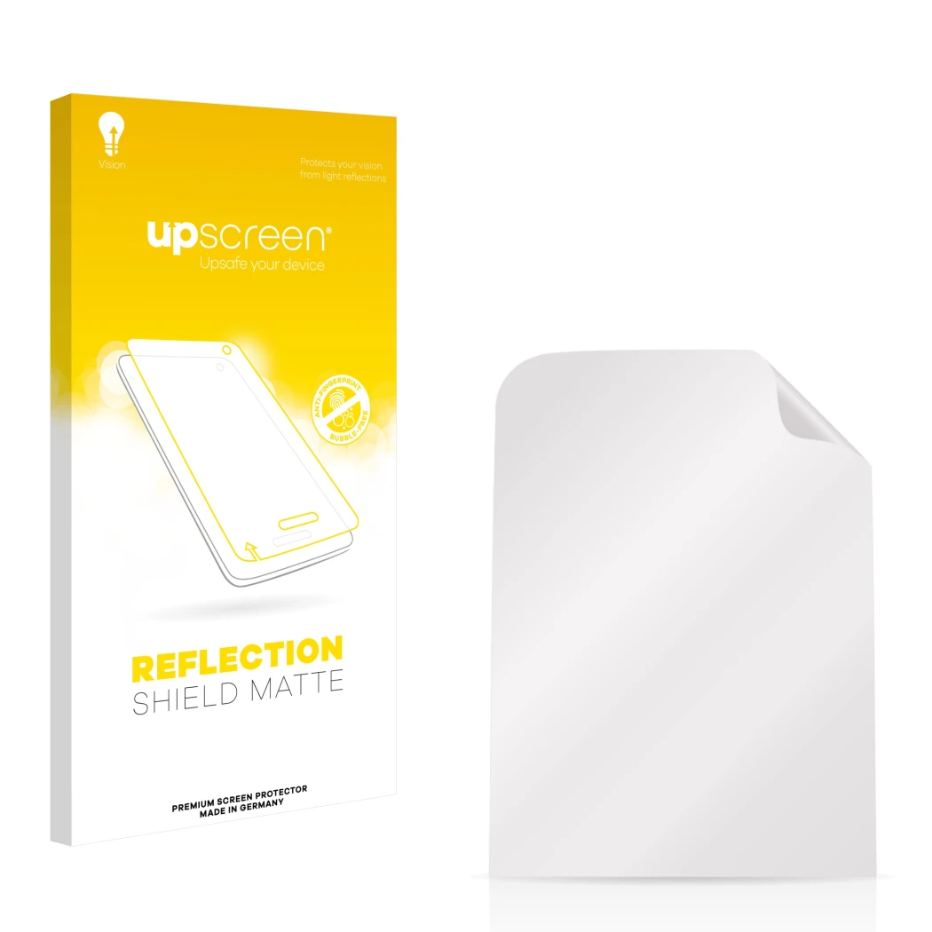 Vorderseite einer Produktverpackung mit dem Markenlogo upscreen. Daneben ist der zugehörige Displayschutz.