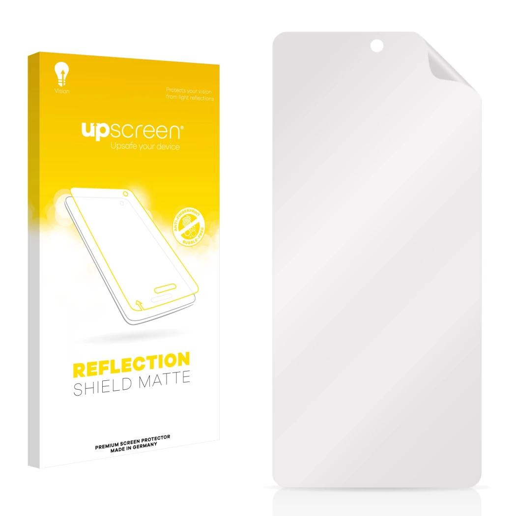 Vorderseite einer Produktverpackung mit dem Markenlogo upscreen. Daneben ist der zugehörige Displayschutz.