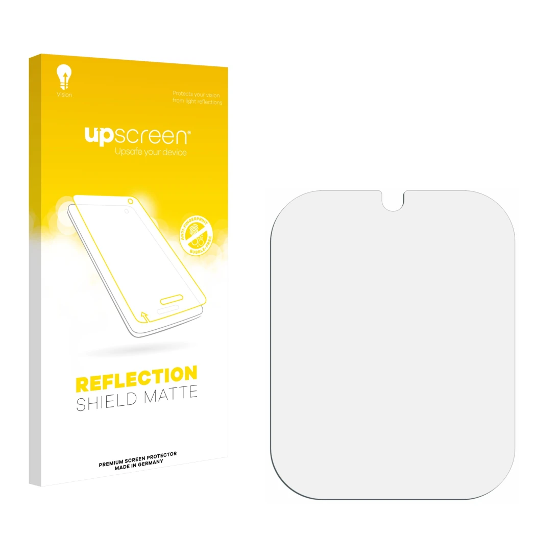 Vorderseite einer Produktverpackung mit dem Markenlogo upscreen. Daneben ist der zugehörige Displayschutz.