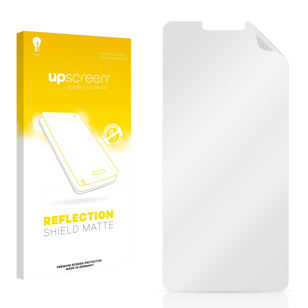 Vorderseite einer Produktverpackung mit dem Markenlogo upscreen. Daneben ist der zugehörige Displayschutz.