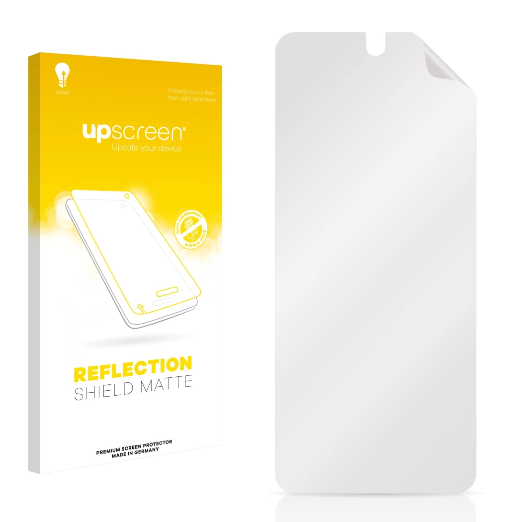 Vorderseite einer Produktverpackung mit dem Markenlogo upscreen. Daneben ist der zugehörige Displayschutz.
