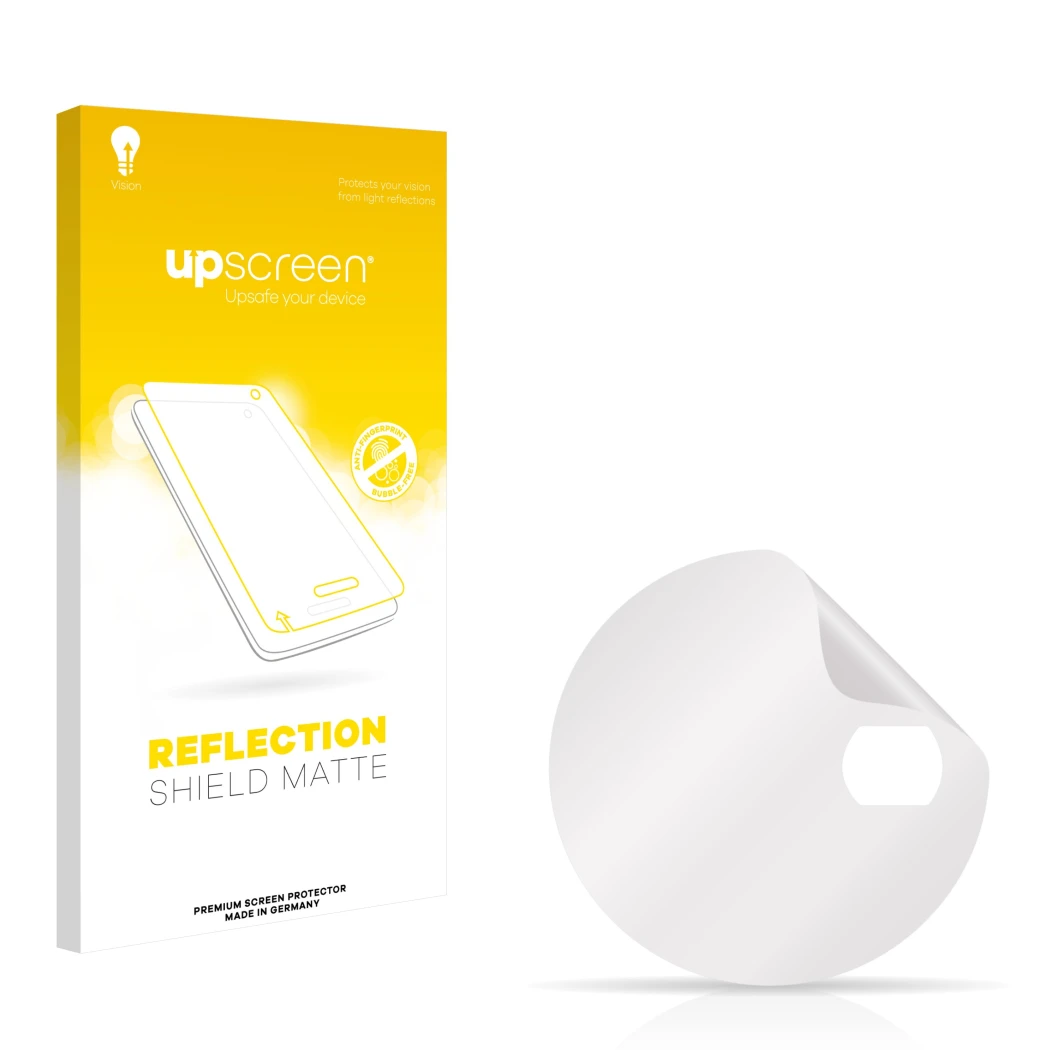 Vorderseite einer Produktverpackung mit dem Markenlogo upscreen. Daneben ist der zugehörige Displayschutz.