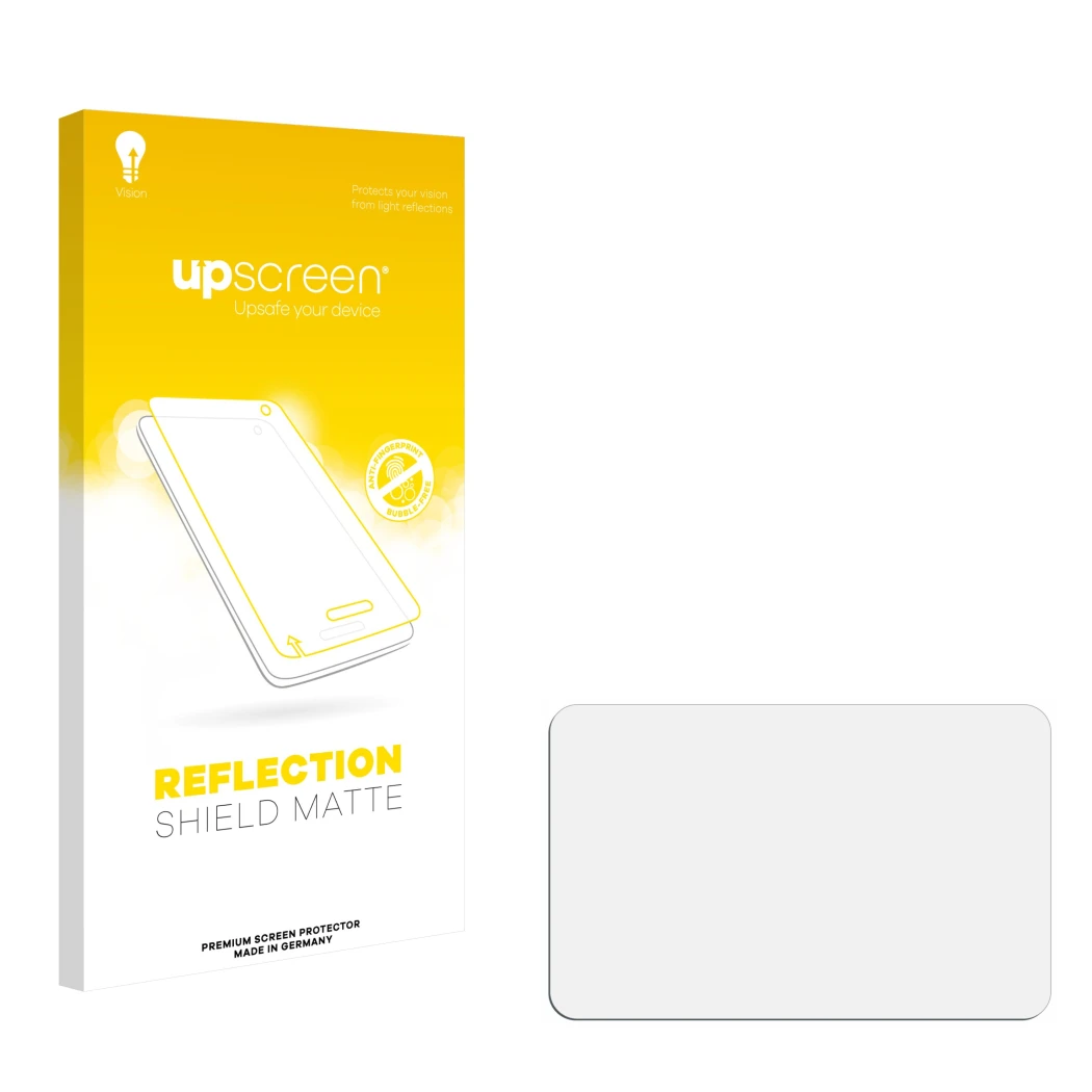 Vorderseite einer Produktverpackung mit dem Markenlogo upscreen. Daneben ist der zugehörige Displayschutz.