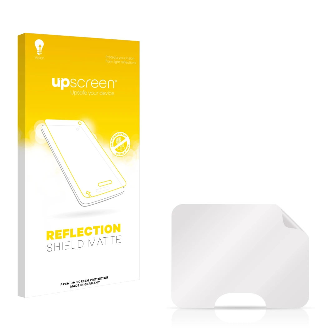 Vorderseite einer Produktverpackung mit dem Markenlogo upscreen. Daneben ist der zugehörige Displayschutz.