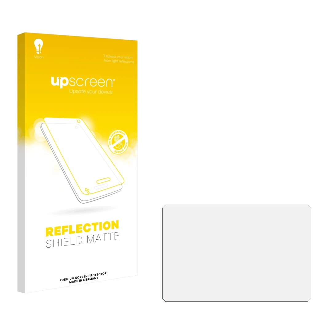Vorderseite einer Produktverpackung mit dem Markenlogo upscreen. Daneben ist der zugehörige Displayschutz.