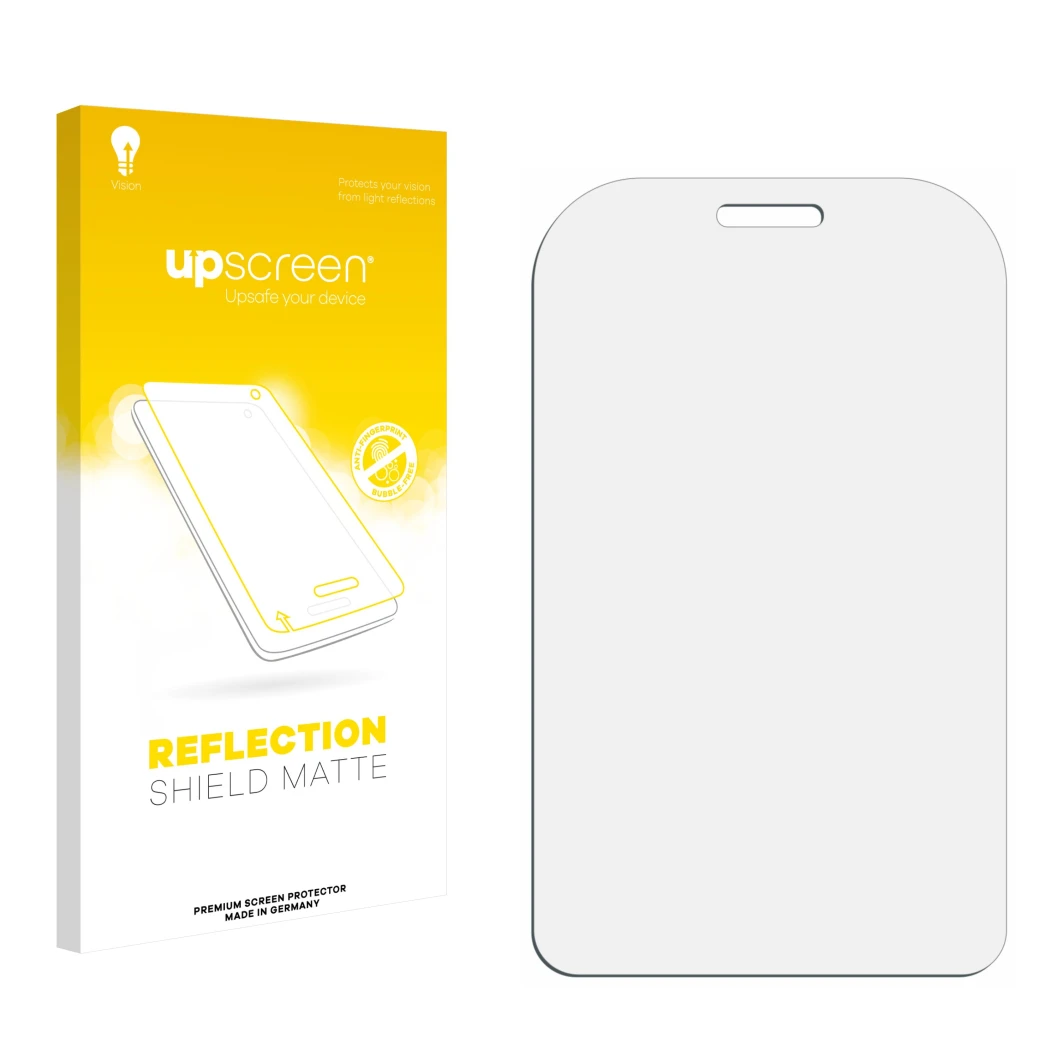 Vorderseite einer Produktverpackung mit dem Markenlogo upscreen. Daneben ist der zugehörige Displayschutz.