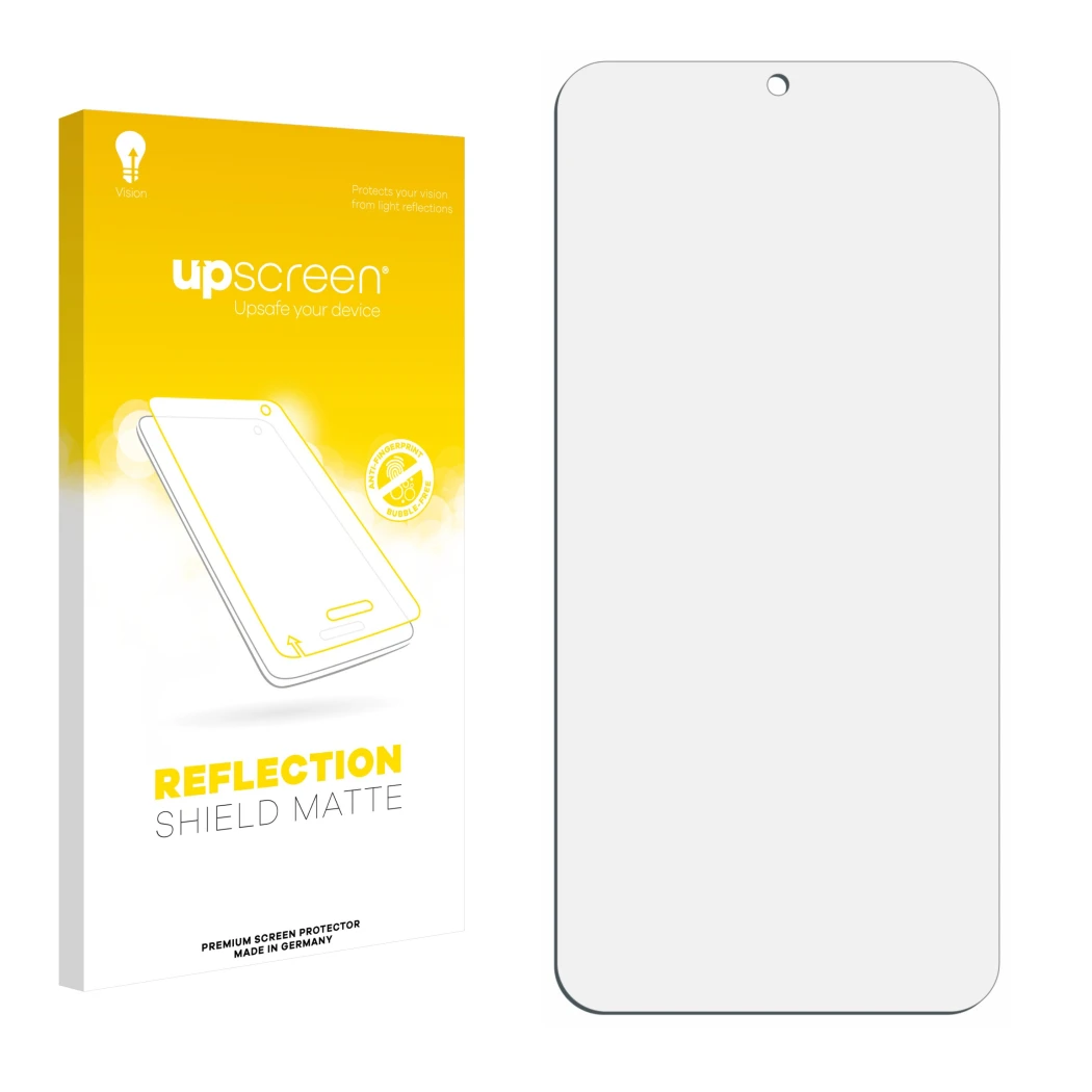 Vorderseite einer Produktverpackung mit dem Markenlogo upscreen. Daneben ist der zugehörige Displayschutz.