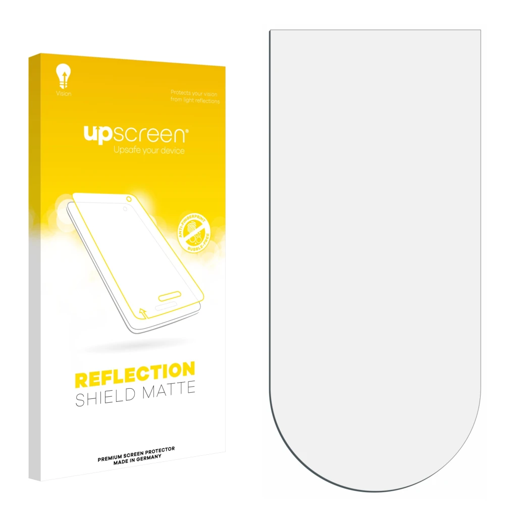 Vorderseite einer Produktverpackung mit dem Markenlogo upscreen. Daneben ist der zugehörige Displayschutz.
