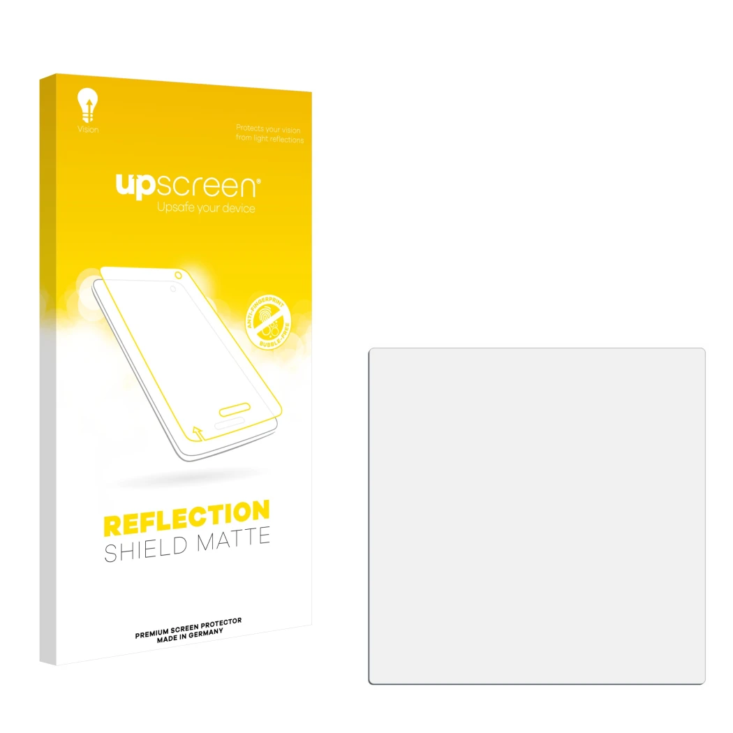 Vorderseite einer Produktverpackung mit dem Markenlogo upscreen. Daneben ist der zugehörige Displayschutz.