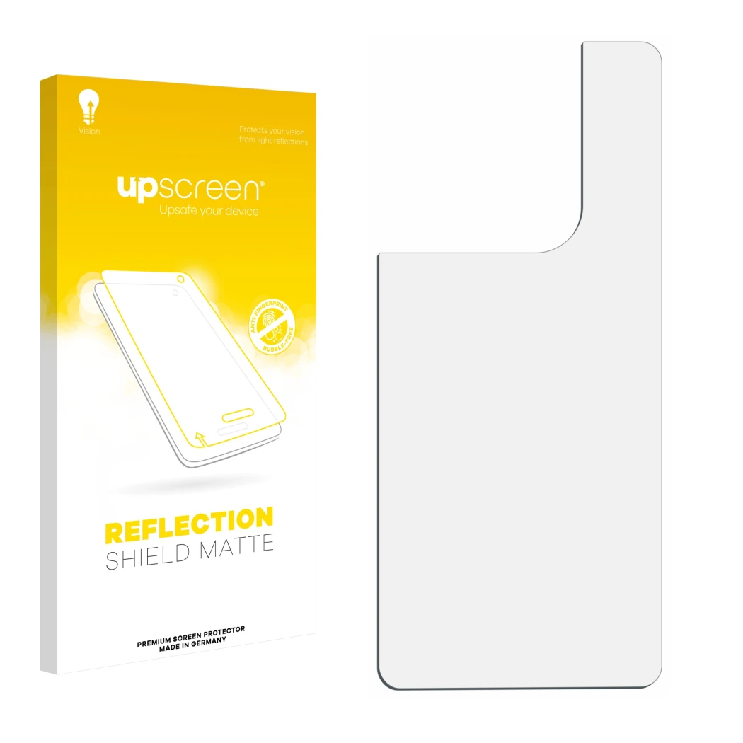 Vorderseite einer Produktverpackung mit dem Markenlogo upscreen. Daneben ist der zugehörige Displayschutz.