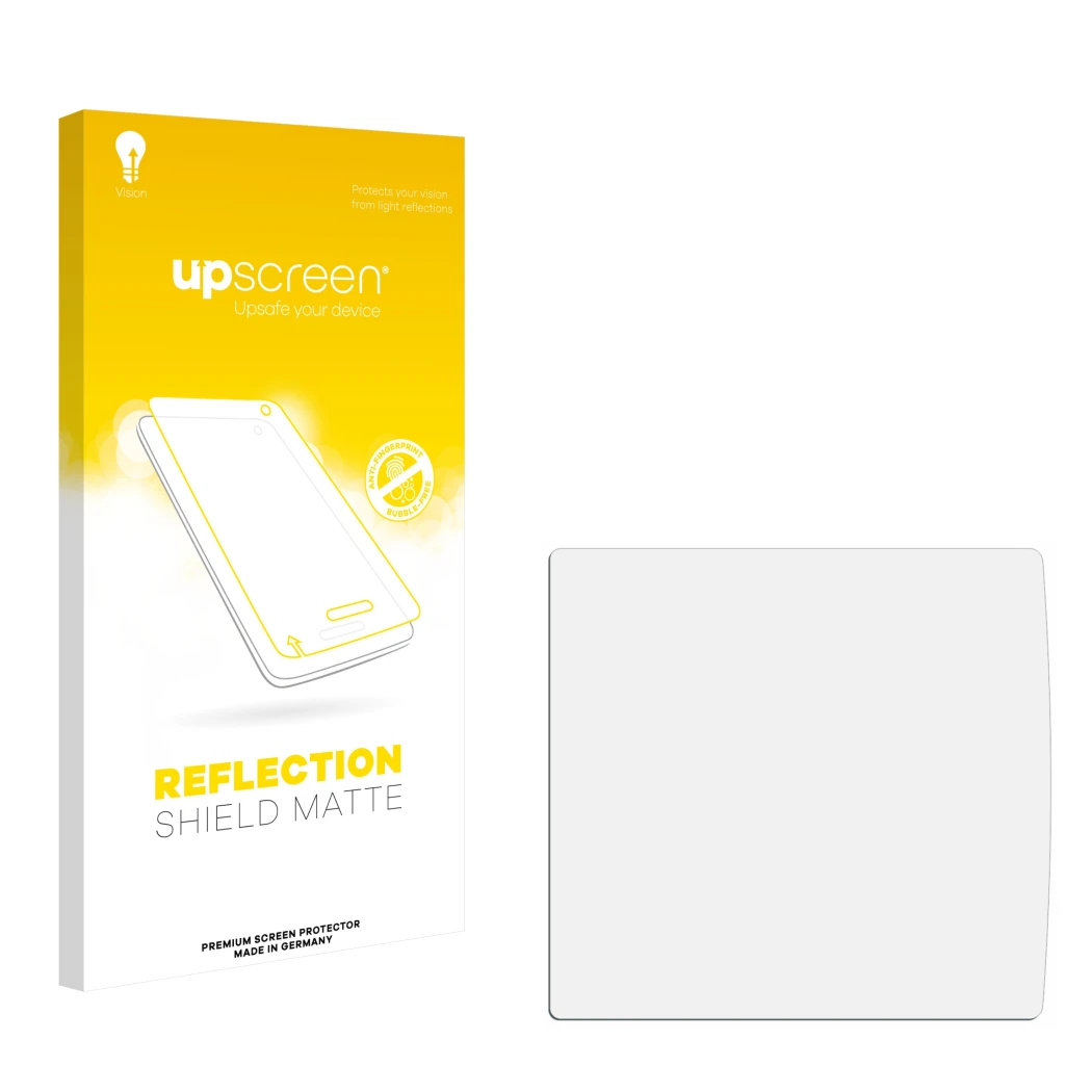 Vorderseite einer Produktverpackung mit dem Markenlogo upscreen. Daneben ist der zugehörige Displayschutz.