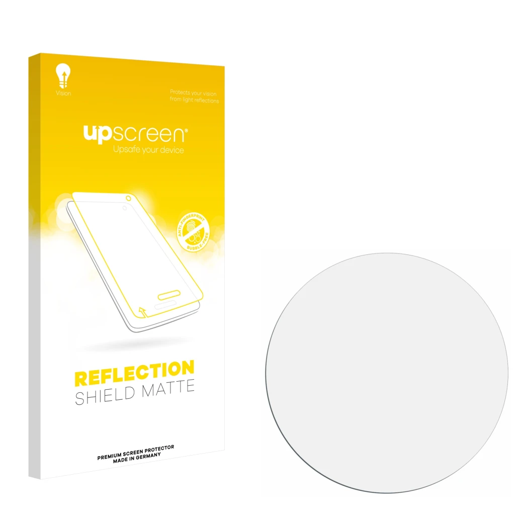 Vorderseite einer Produktverpackung mit dem Markenlogo upscreen. Daneben ist der zugehörige Displayschutz.