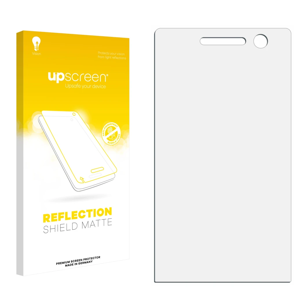 Vorderseite einer Produktverpackung mit dem Markenlogo upscreen. Daneben ist der zugehörige Displayschutz.