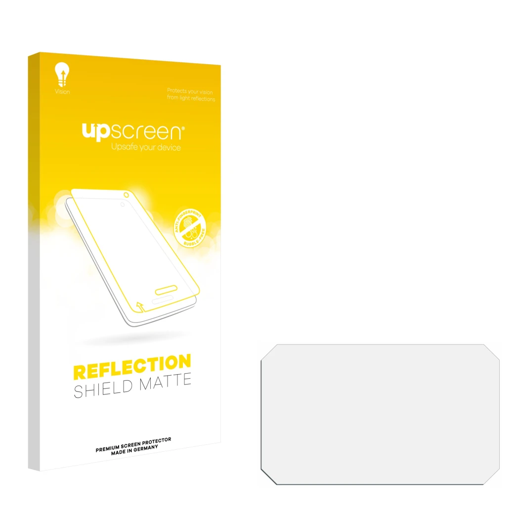 Vorderseite einer Produktverpackung mit dem Markenlogo upscreen. Daneben ist der zugehörige Displayschutz.