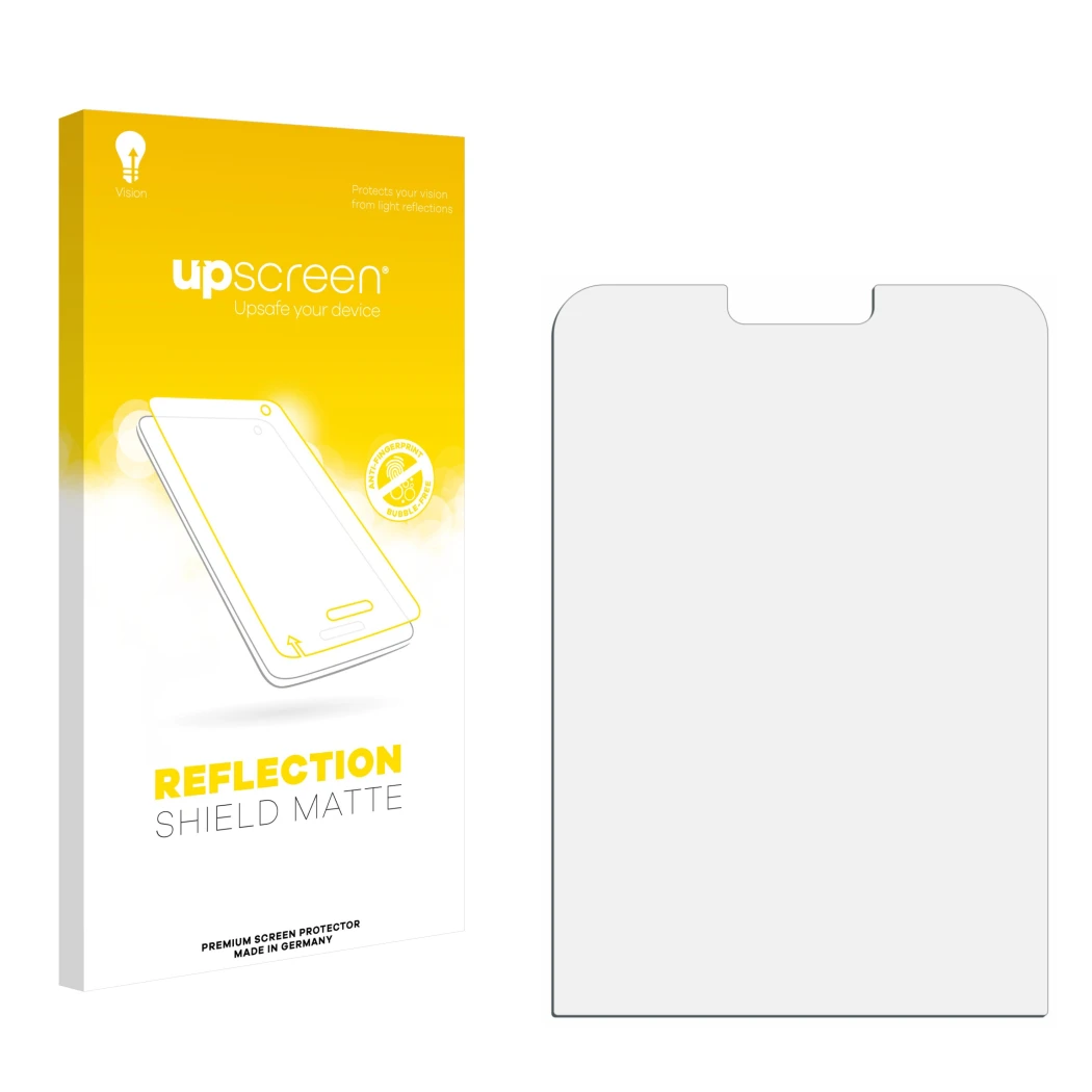 Vorderseite einer Produktverpackung mit dem Markenlogo upscreen. Daneben ist der zugehörige Displayschutz.