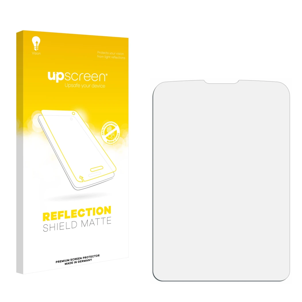 Vorderseite einer Produktverpackung mit dem Markenlogo upscreen. Daneben ist der zugehörige Displayschutz.