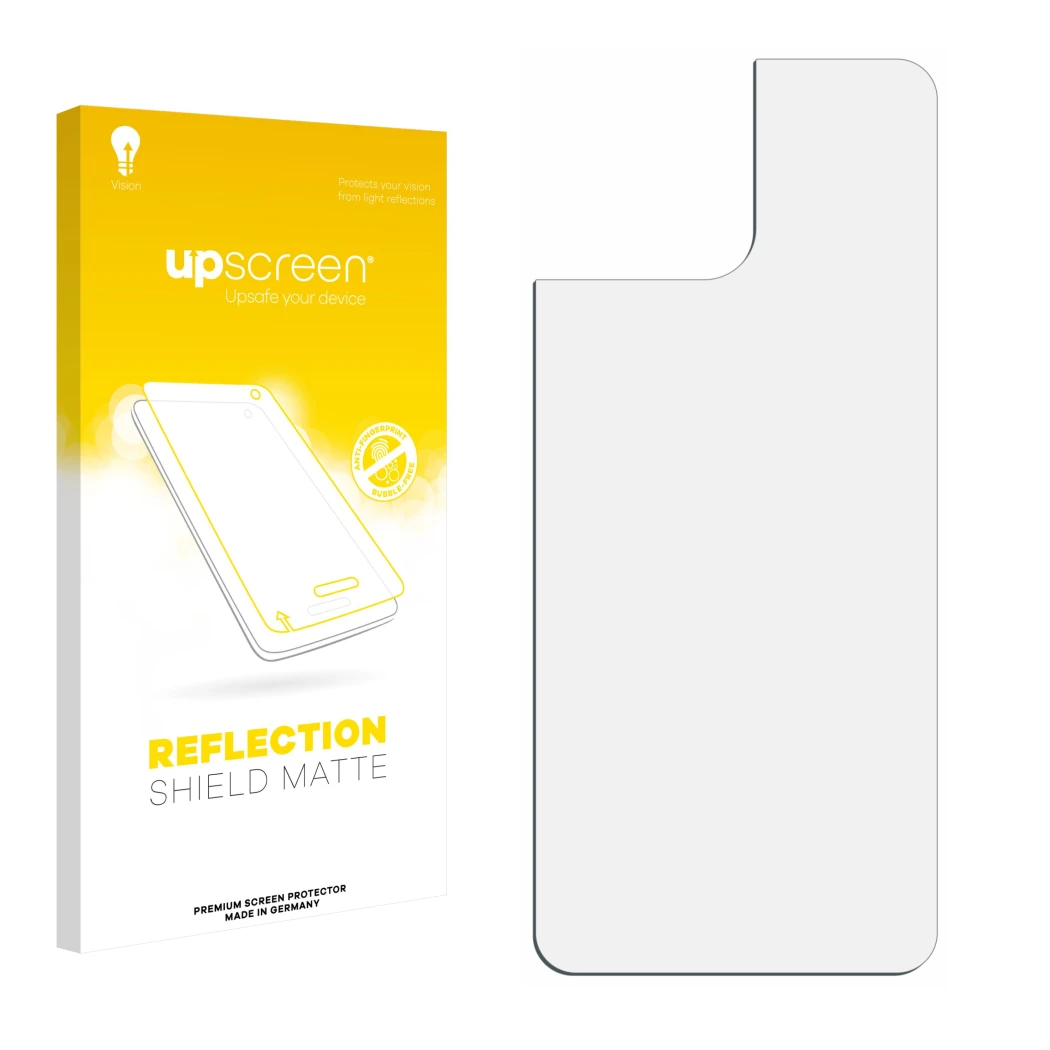 Vorderseite einer Produktverpackung mit dem Markenlogo upscreen. Daneben ist der zugehörige Displayschutz.
