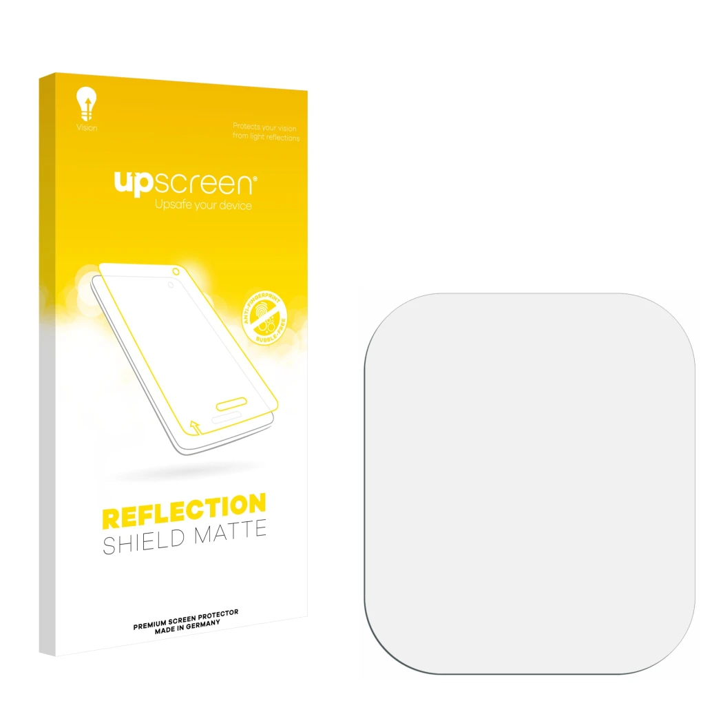 Vorderseite einer Produktverpackung mit dem Markenlogo upscreen. Daneben ist der zugehörige Displayschutz.