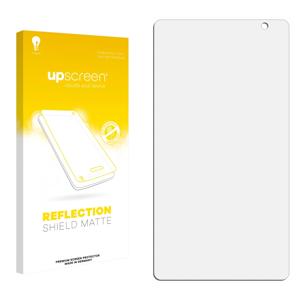 Vorderseite einer Produktverpackung mit dem Markenlogo upscreen. Daneben ist der zugehörige Displayschutz.