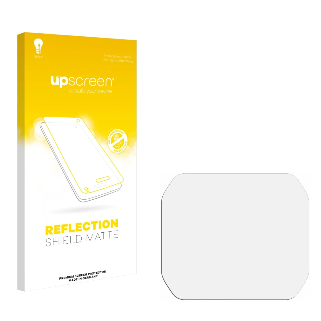 Vorderseite einer Produktverpackung mit dem Markenlogo upscreen. Daneben ist der zugehörige Displayschutz.