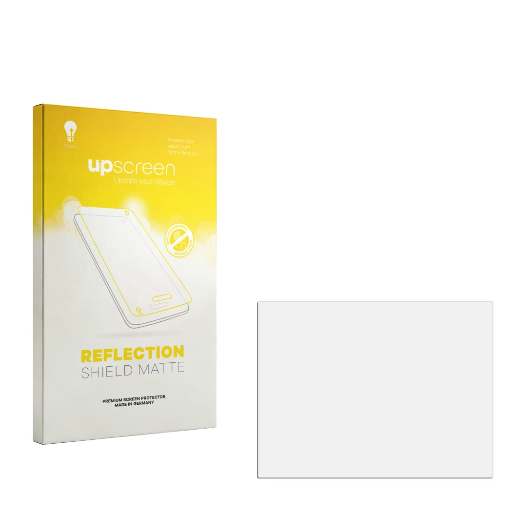 Vorderseite einer Produktverpackung mit dem Markenlogo upscreen. Daneben ist der zugehörige Displayschutz.
