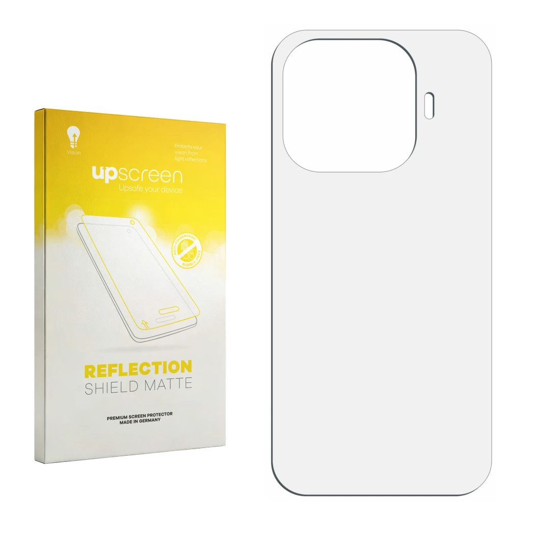 Vorderseite einer Produktverpackung mit dem Markenlogo upscreen. Daneben ist der zugehörige Displayschutz.