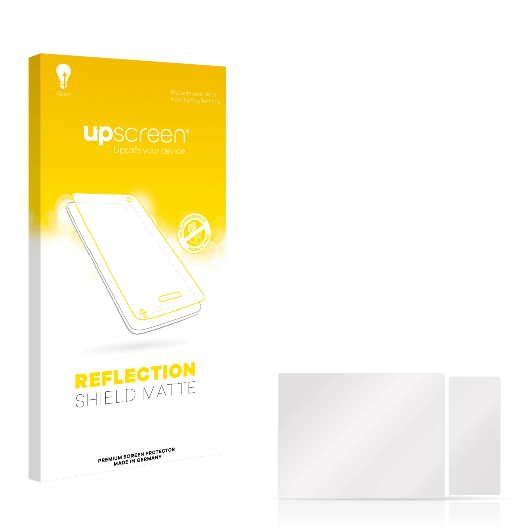Vorderseite einer Produktverpackung mit dem Markenlogo upscreen. Daneben ist der zugehörige Displayschutz.