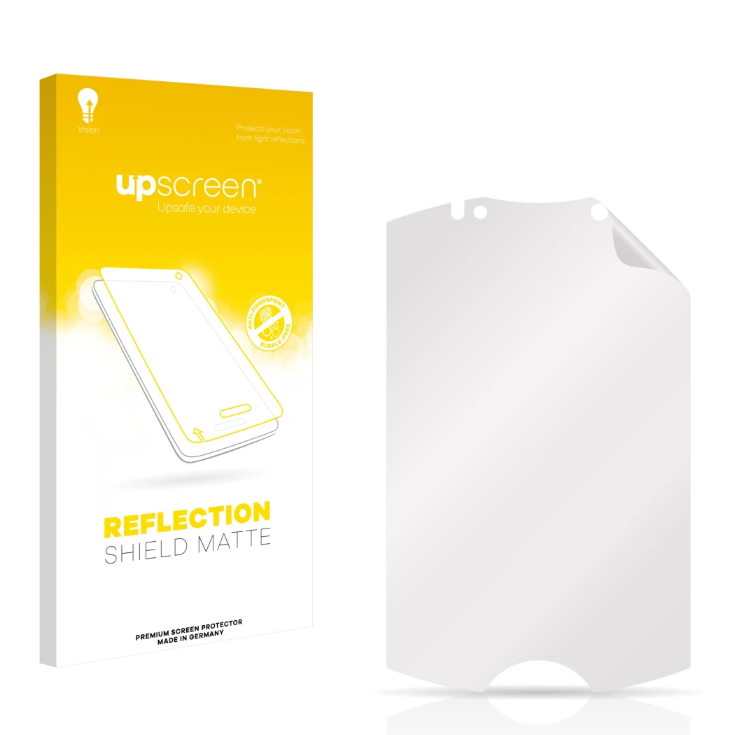 Vorderseite einer Produktverpackung mit dem Markenlogo upscreen. Daneben ist der zugehörige Displayschutz.