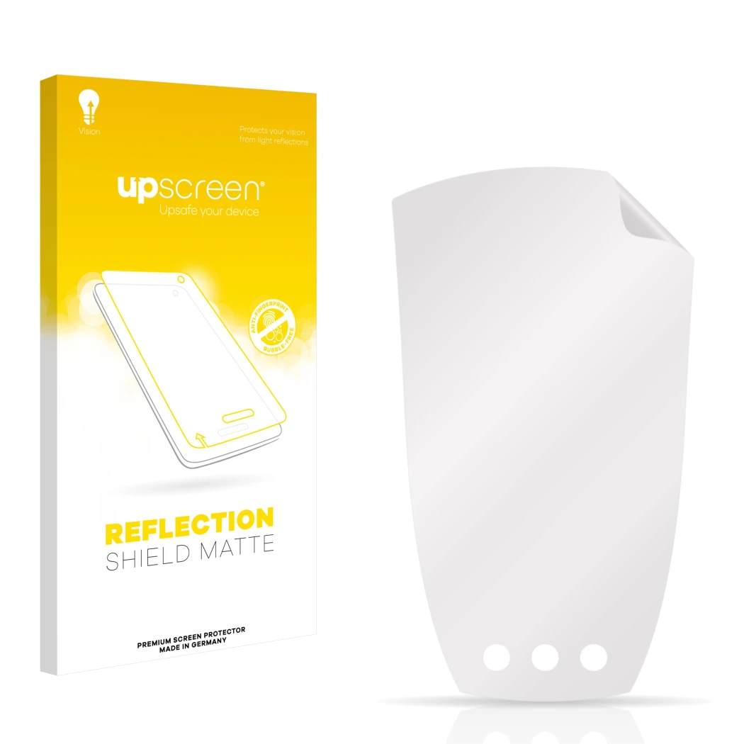 Vorderseite einer Produktverpackung mit dem Markenlogo upscreen. Daneben ist der zugehörige Displayschutz.