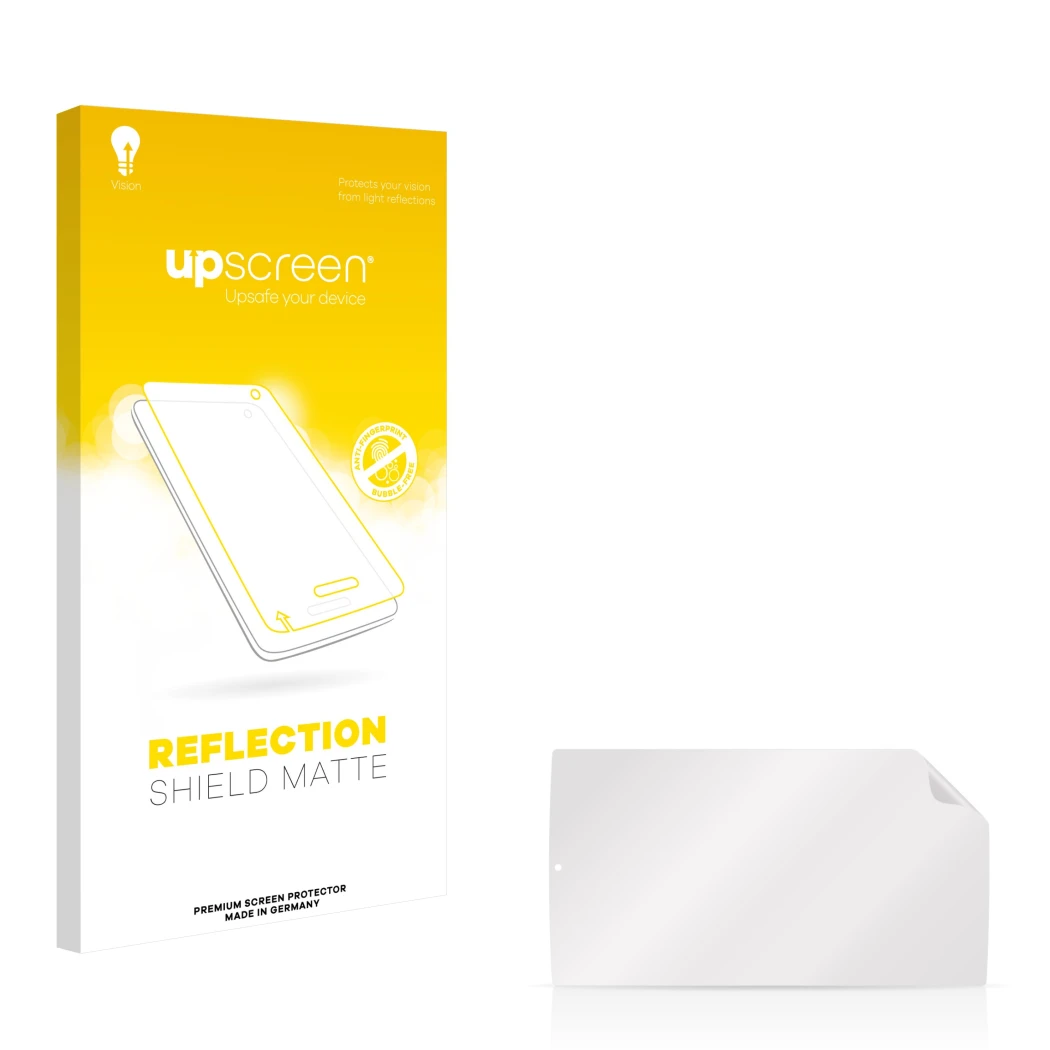 Vorderseite einer Produktverpackung mit dem Markenlogo upscreen. Daneben ist der zugehörige Displayschutz.