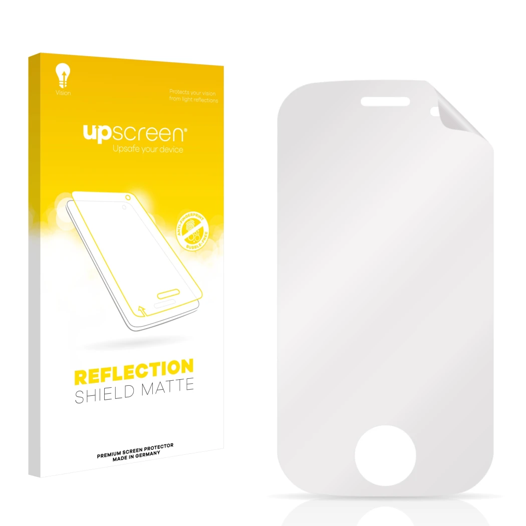 Vorderseite einer Produktverpackung mit dem Markenlogo upscreen. Daneben ist der zugehörige Displayschutz.