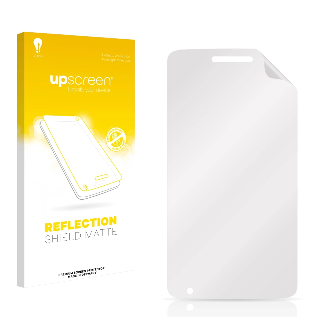 Vorderseite einer Produktverpackung mit dem Markenlogo upscreen. Daneben ist der zugehörige Displayschutz.
