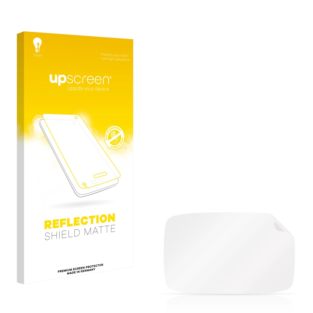 Vorderseite einer Produktverpackung mit dem Markenlogo upscreen. Daneben ist der zugehörige Displayschutz.
