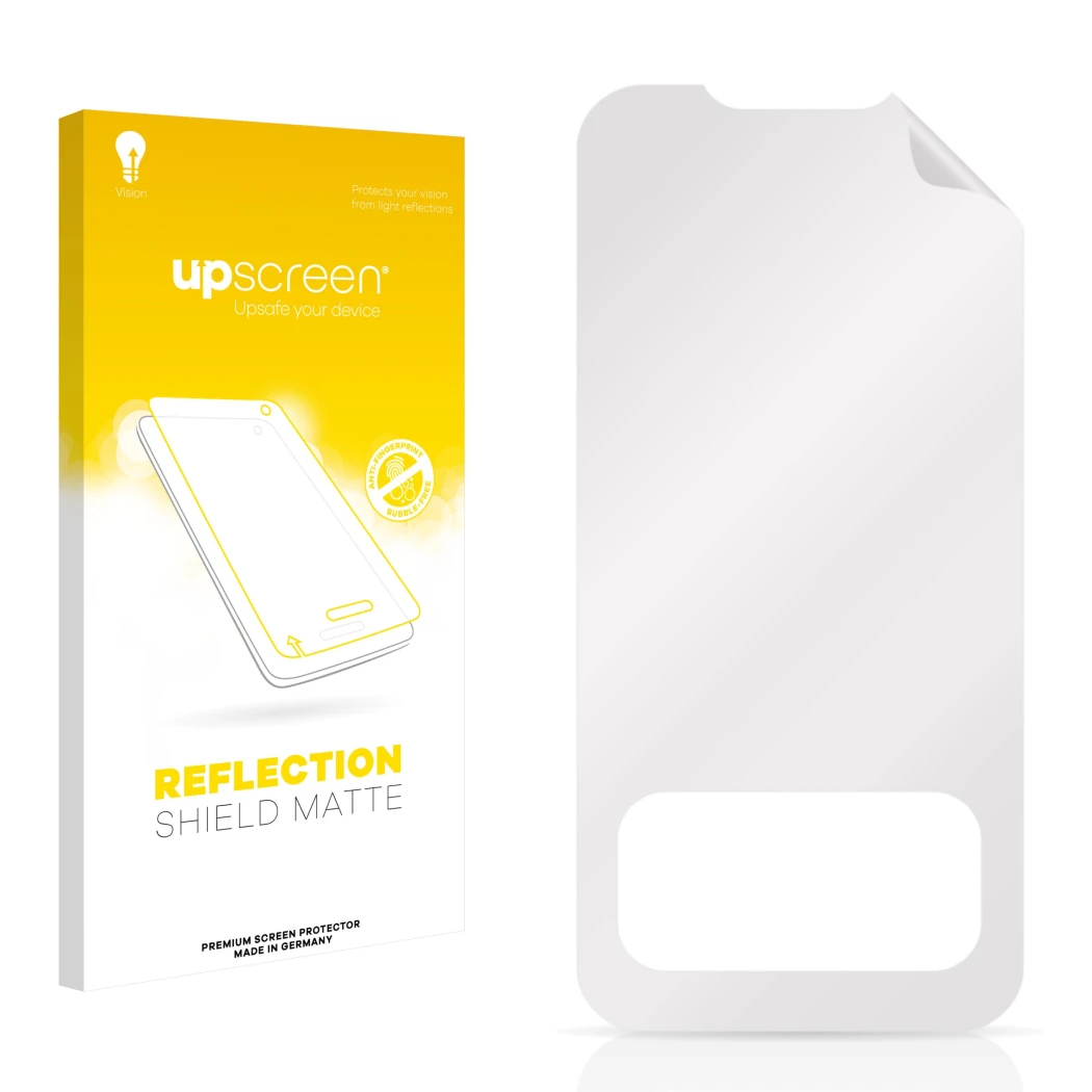 Vorderseite einer Produktverpackung mit dem Markenlogo upscreen. Daneben ist der zugehörige Displayschutz.