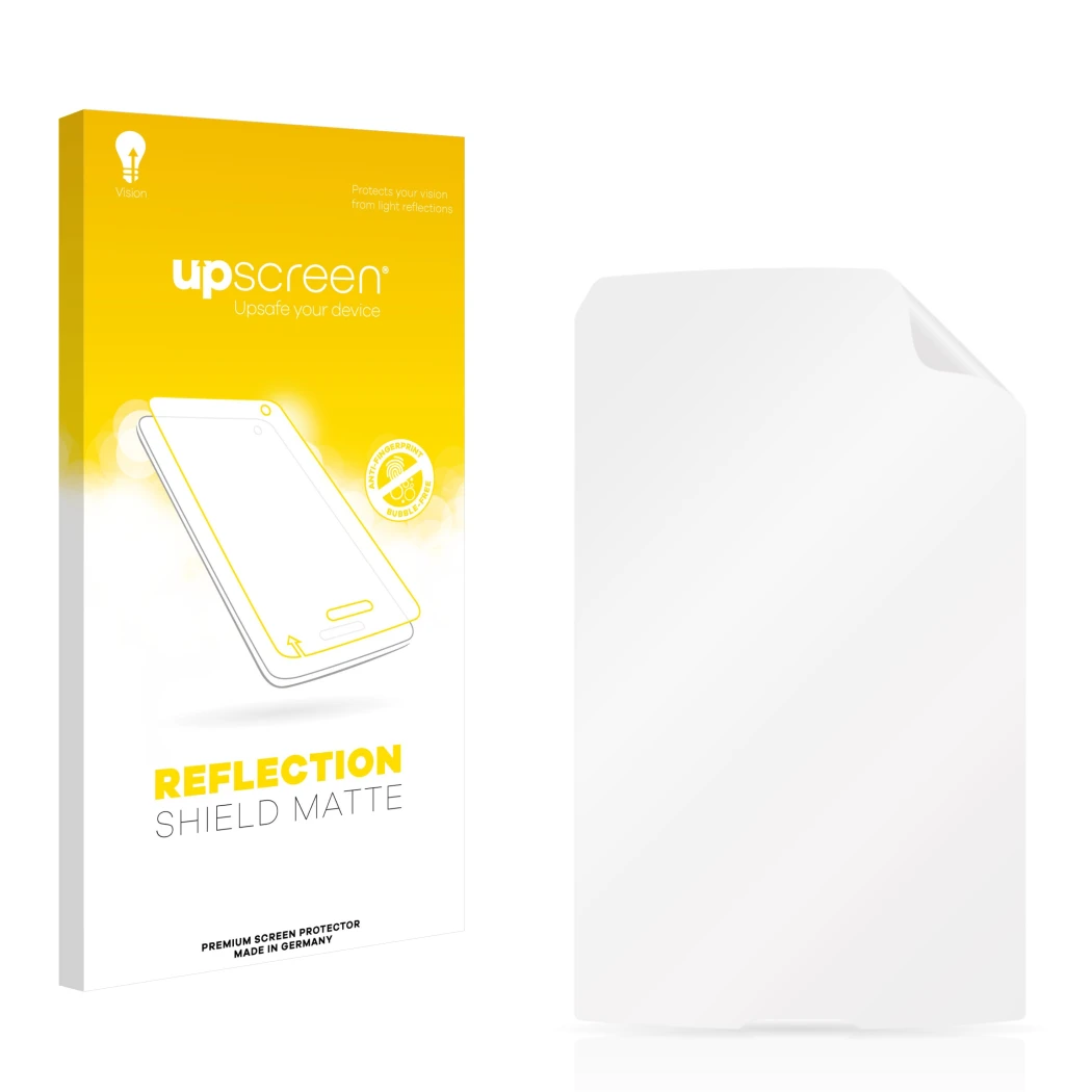 Vorderseite einer Produktverpackung mit dem Markenlogo upscreen. Daneben ist der zugehörige Displayschutz.