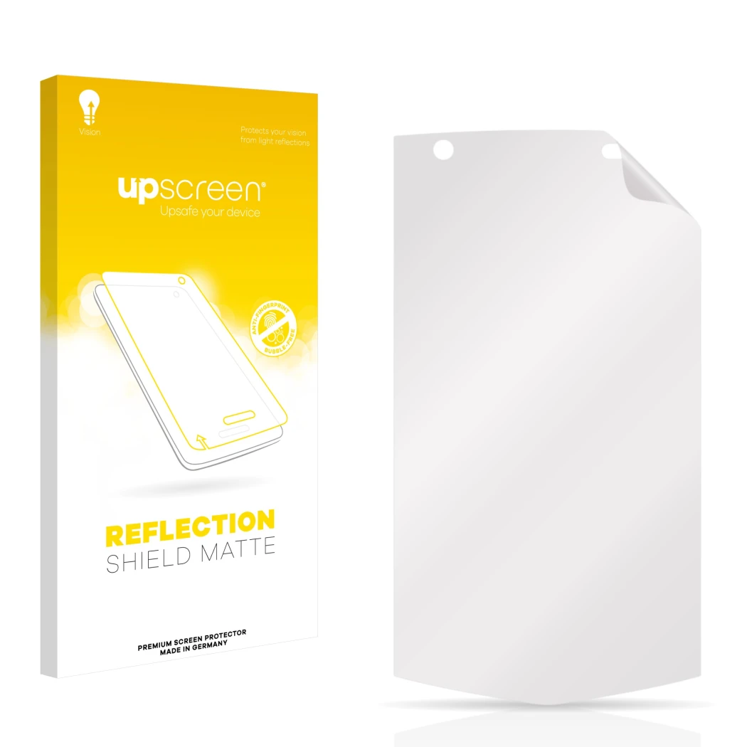 Vorderseite einer Produktverpackung mit dem Markenlogo upscreen. Daneben ist der zugehörige Displayschutz.