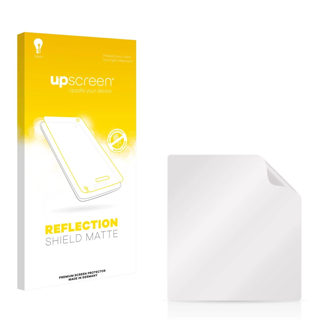 Vorderseite einer Produktverpackung mit dem Markenlogo upscreen. Daneben ist der zugehörige Displayschutz.
