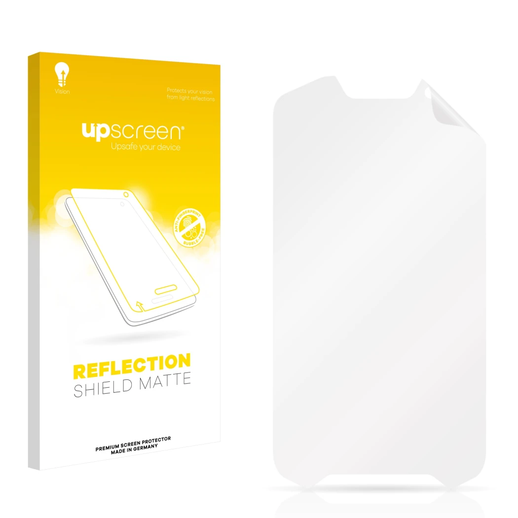 Vorderseite einer Produktverpackung mit dem Markenlogo upscreen. Daneben ist der zugehörige Displayschutz.