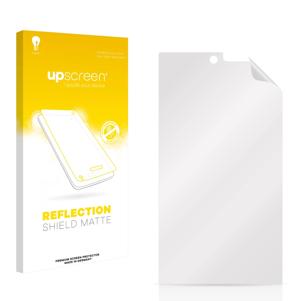 Vorderseite einer Produktverpackung mit dem Markenlogo upscreen. Daneben ist der zugehörige Displayschutz.