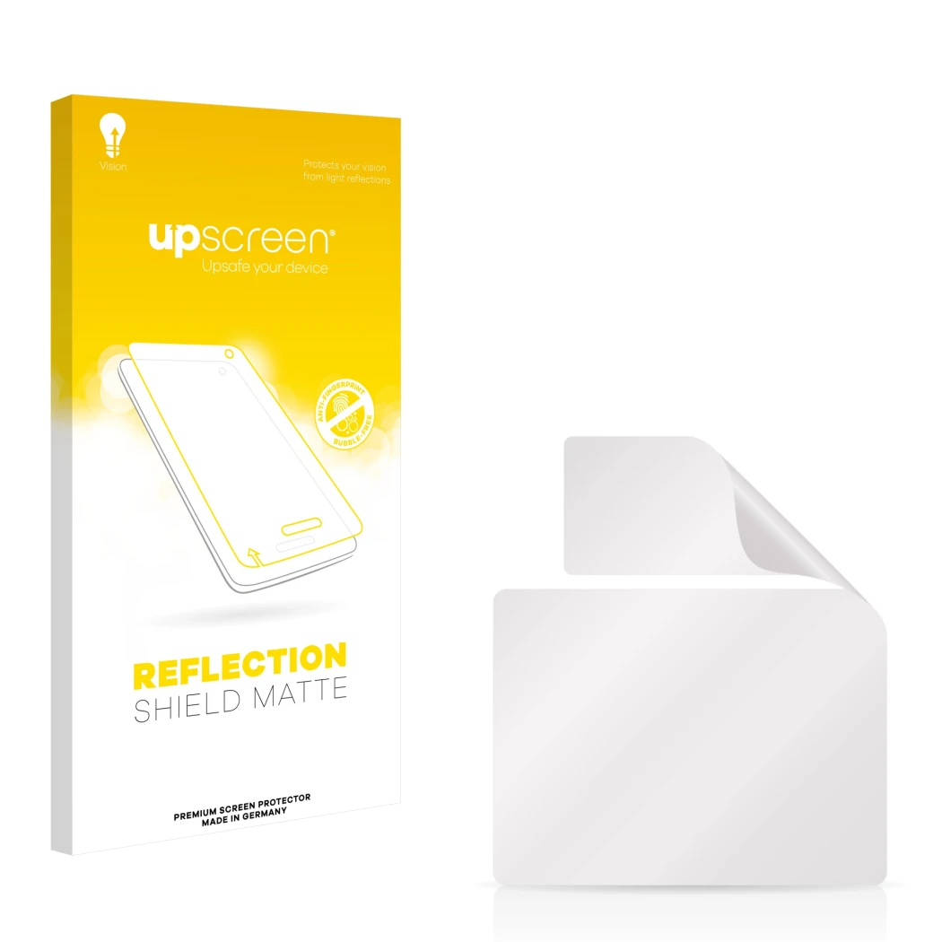Vorderseite einer Produktverpackung mit dem Markenlogo upscreen. Daneben ist der zugehörige Displayschutz.