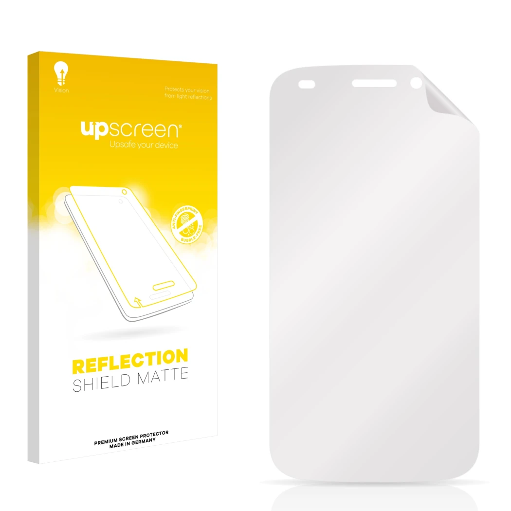 Vorderseite einer Produktverpackung mit dem Markenlogo upscreen. Daneben ist der zugehörige Displayschutz.