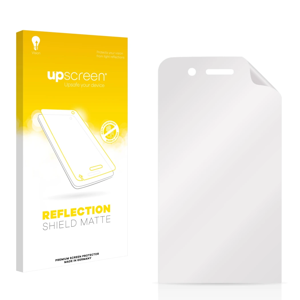 Vorderseite einer Produktverpackung mit dem Markenlogo upscreen. Daneben ist der zugehörige Displayschutz.