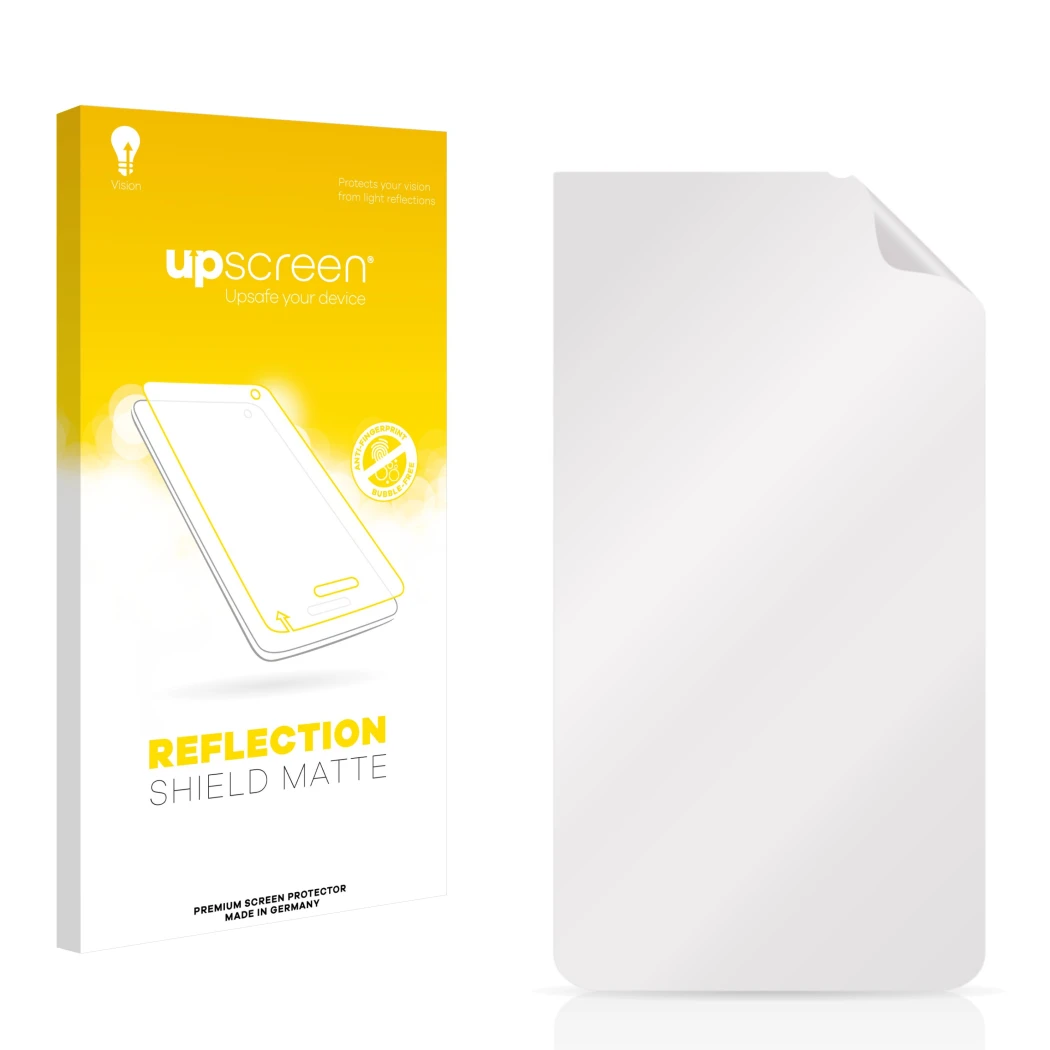 Vorderseite einer Produktverpackung mit dem Markenlogo upscreen. Daneben ist der zugehörige Displayschutz.