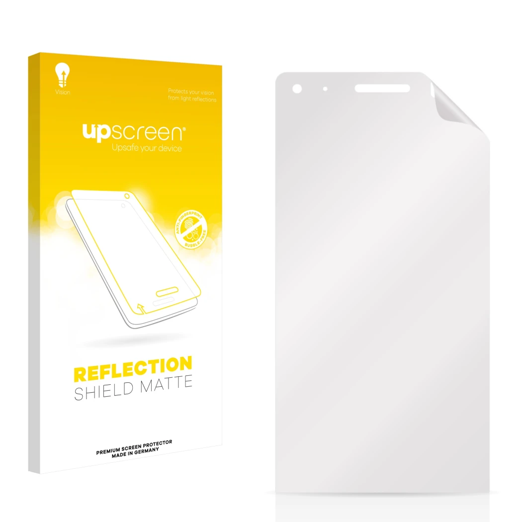 Vorderseite einer Produktverpackung mit dem Markenlogo upscreen. Daneben ist der zugehörige Displayschutz.