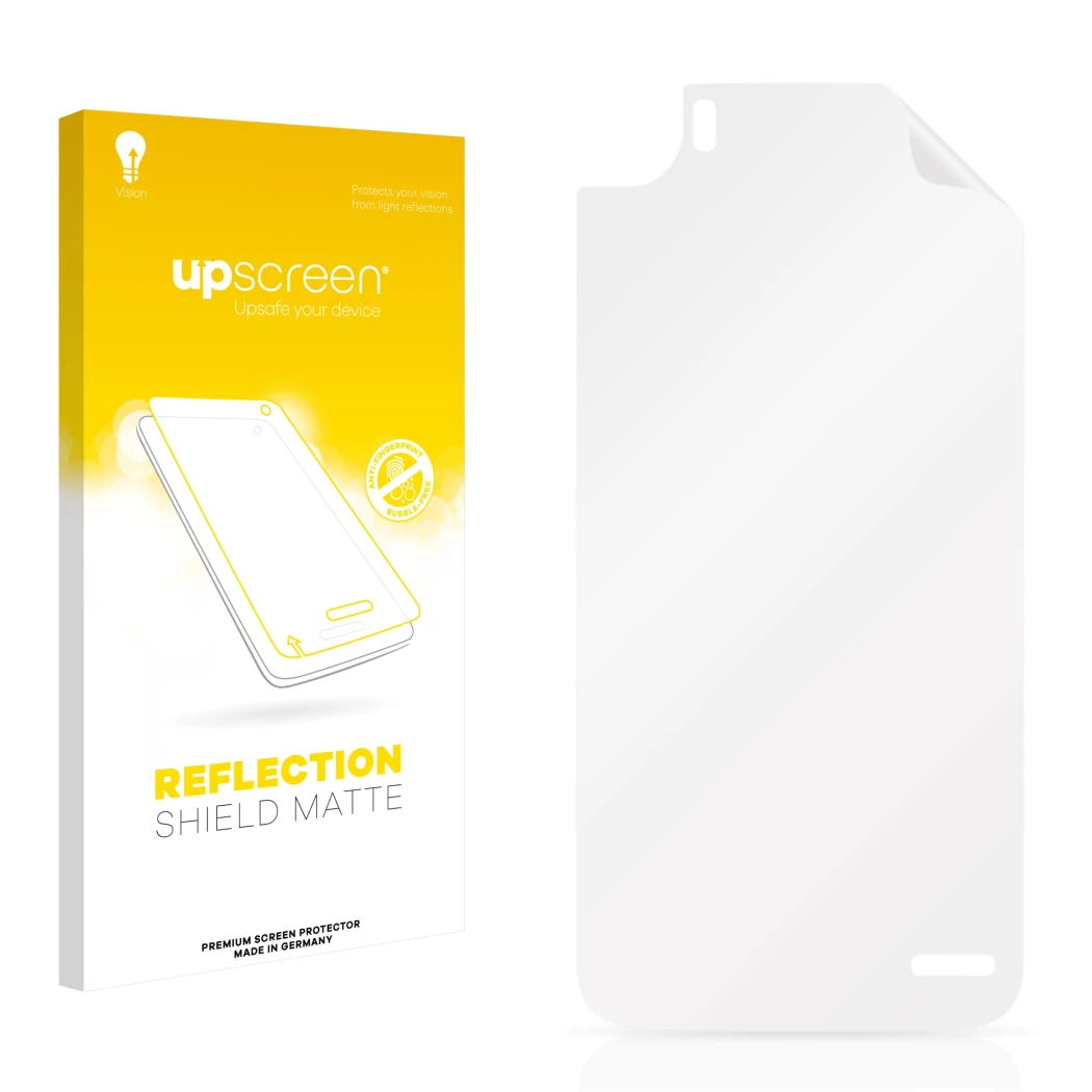 Vorderseite einer Produktverpackung mit dem Markenlogo upscreen. Daneben ist der zugehörige Displayschutz.