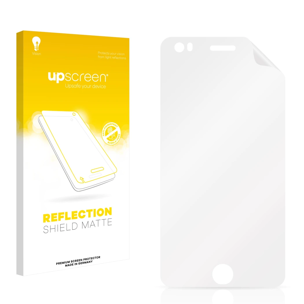 Vorderseite einer Produktverpackung mit dem Markenlogo upscreen. Daneben ist der zugehörige Displayschutz.