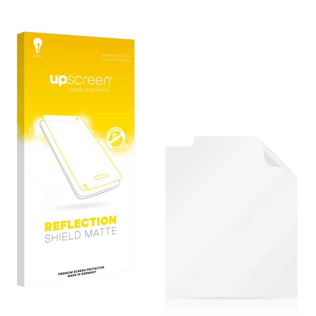 Vorderseite einer Produktverpackung mit dem Markenlogo upscreen. Daneben ist der zugehörige Displayschutz.