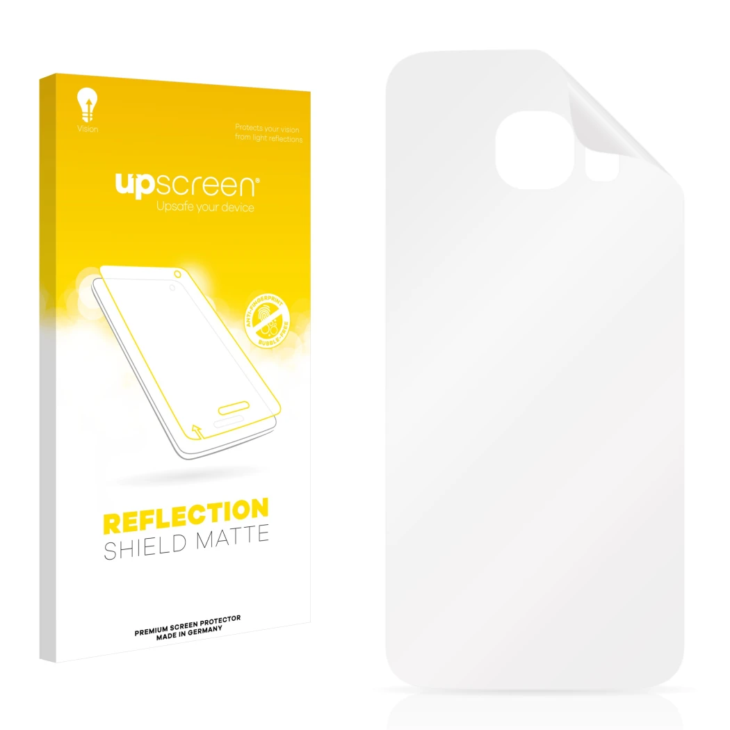 Vorderseite einer Produktverpackung mit dem Markenlogo upscreen. Daneben ist der zugehörige Displayschutz.