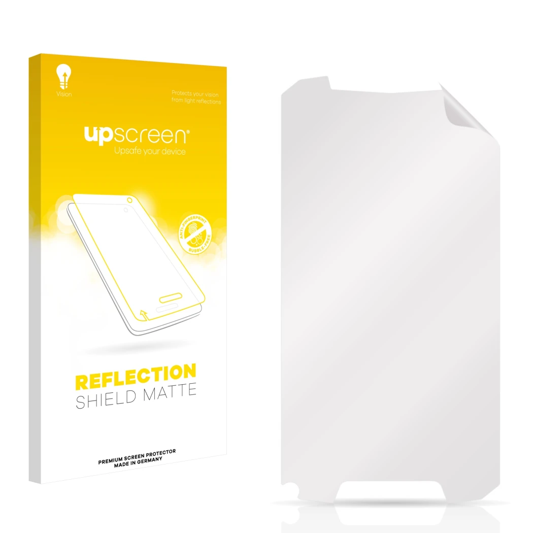 Vorderseite einer Produktverpackung mit dem Markenlogo upscreen. Daneben ist der zugehörige Displayschutz.